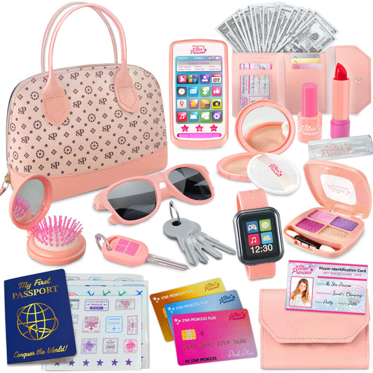 Star Princess play purse with pink handbag for imaginative dress-up and pretend shopping.