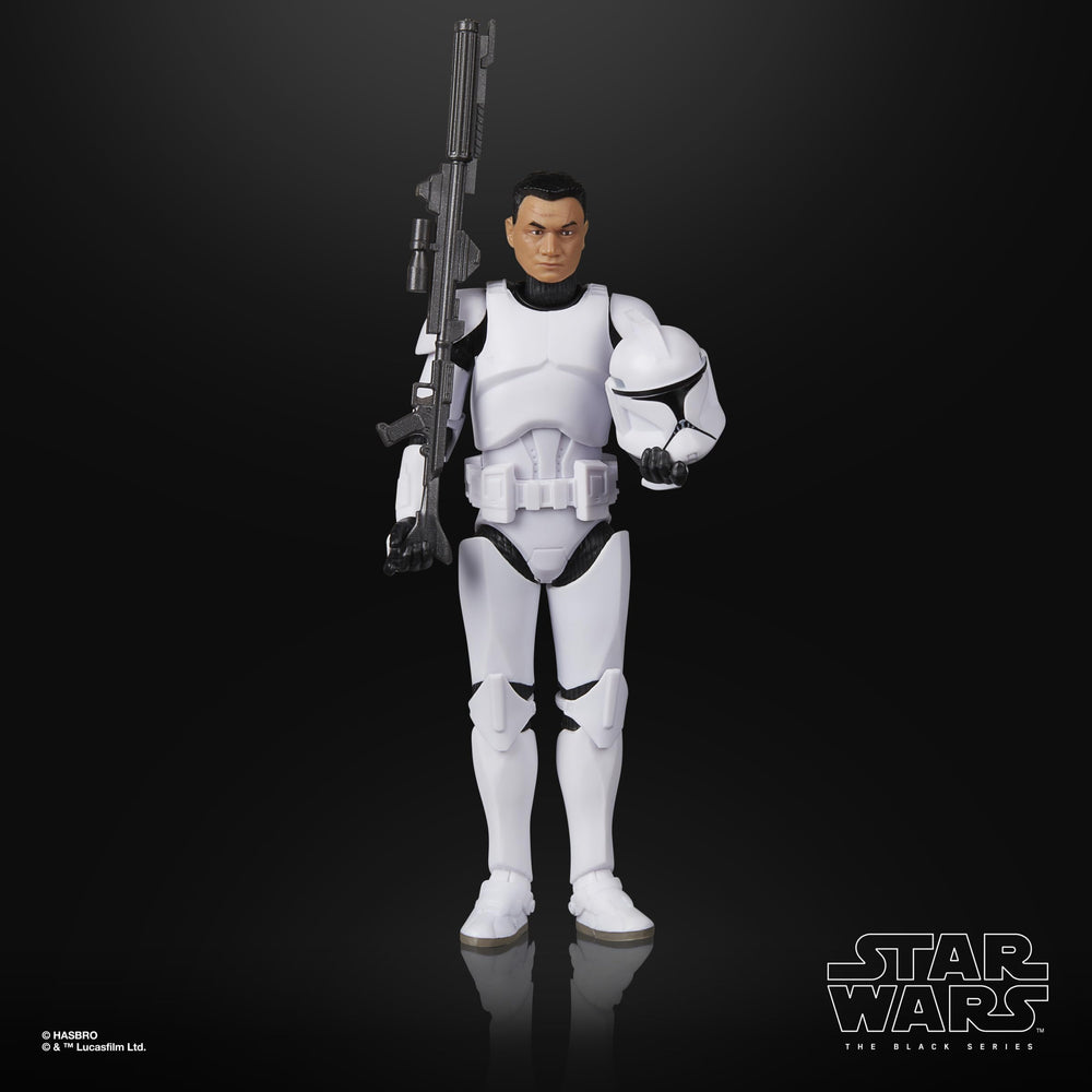 Star Wars Black Series Phase I Clone Trooper with blaster accessories for action poses.