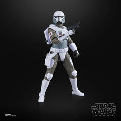 Star Wars The Black Series Imperial Armored Commando with blaster accessories close-up.