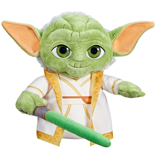 Star Wars Young Jedi Adventures Master Yoda plush face close-up for cozy pretend play.