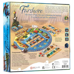 Starling Games Everdell Farshore 3D lighthouse stands as a dramatic centerpiece on the board.