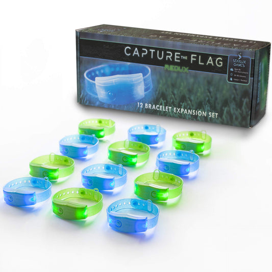 Starlux Capture the Flag Redux glow bracelets illuminate nighttime play.