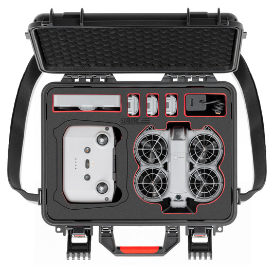 STARTRC DJI Neo 2 case inside layout demonstrates organized compartments for drone and accessories