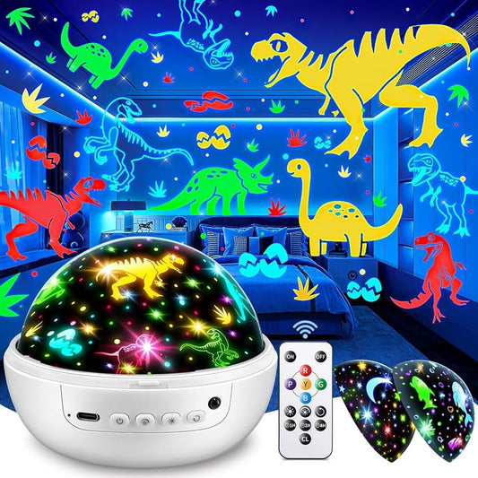 Staryou Dino Projector displaying dino films on wall for bedtime storytelling.
