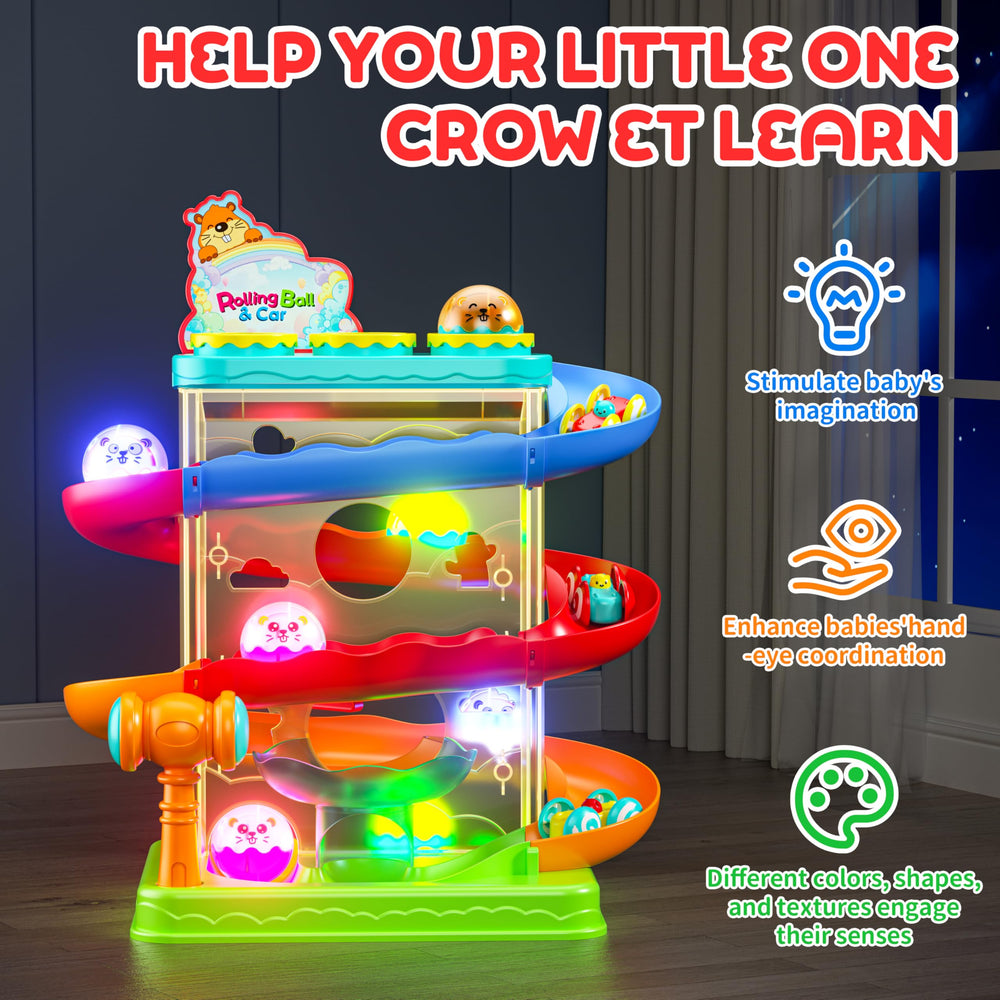 Stay Fun hammer ball drop action promotes cause-and-effect and fine motor skills.