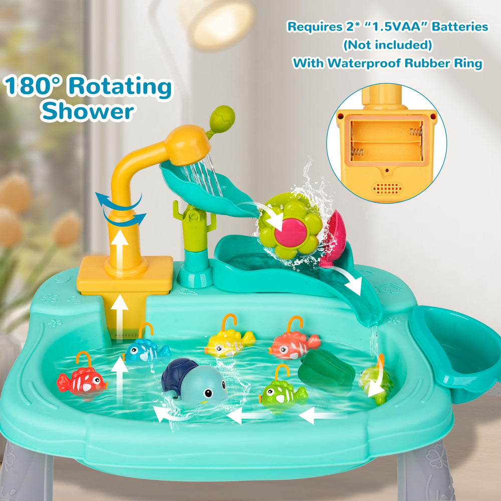 STBEIMEIMY electric dishwasher toy demonstrates motion and cause and effect.