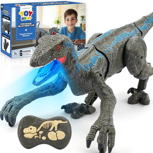 STEAM Life Velociraptor front view with LED eyes for immersive play.