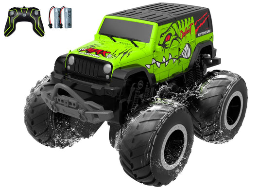 STEMTRON Amphibious RC Car with oversized tires for traction on sand and grass.