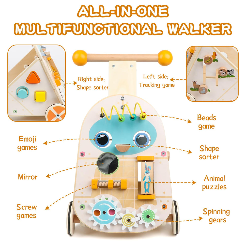 Steventoys wooden push walker front view shows safe, smooth-glide wheels.