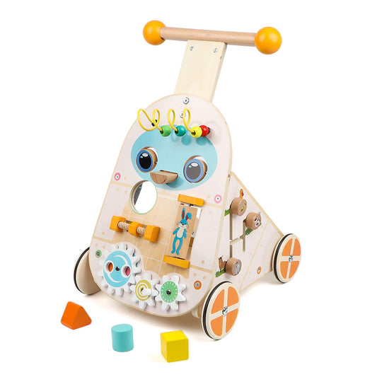 Steventoys wooden push walker side view highlights sturdy frame for confident steps.