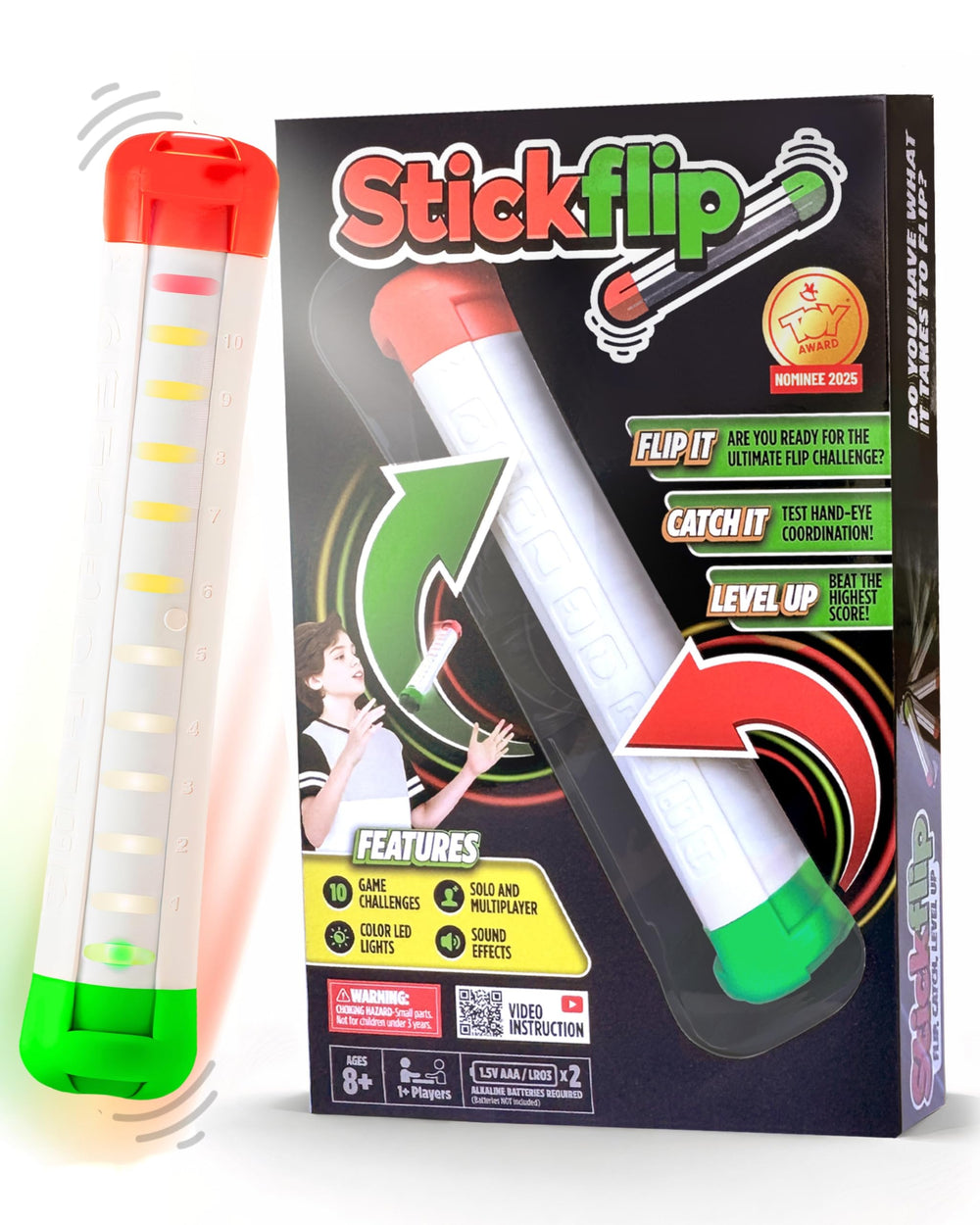 Stickflip flip-arena-action with fast spins and glowing LEDs to fuel competitive play