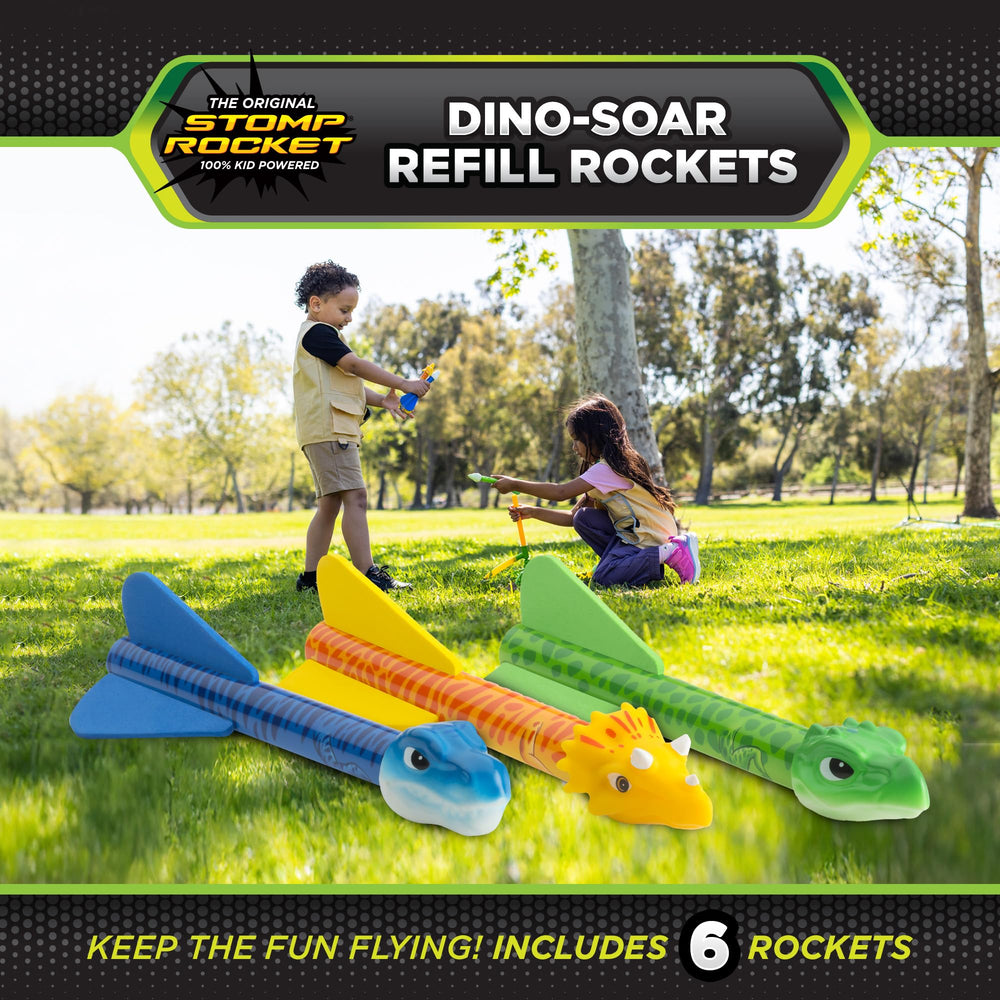 Dino foam heads and foam fins shown for gentle landings and safe outdoor use