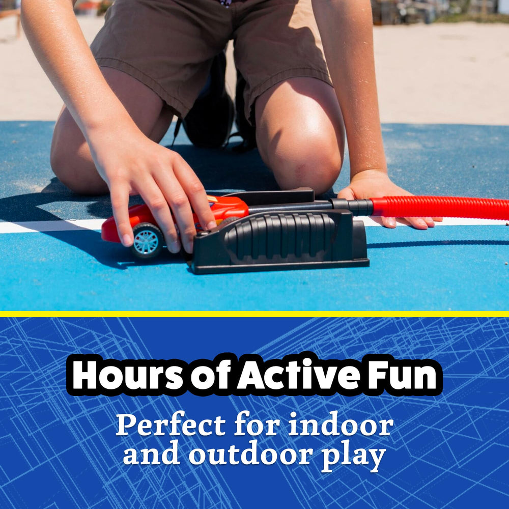 Stomp Rocket ramp and finish line setup for backyard racing