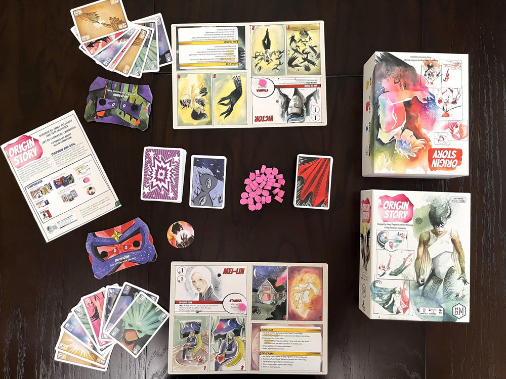 Stonemaier Origin Story player mats show evolving powers.