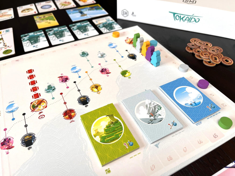 Stonemaier Tokaido panoramas and temples, captures scenic discoveries.