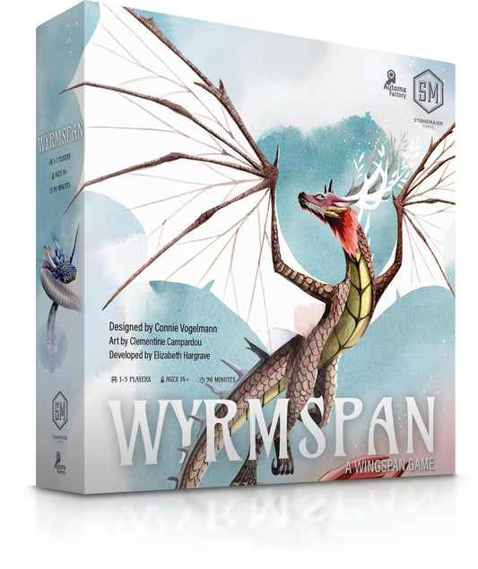 Stonemaier Wyrmspan base game cover art with dragon silhouettes for an eye-catching shelf display