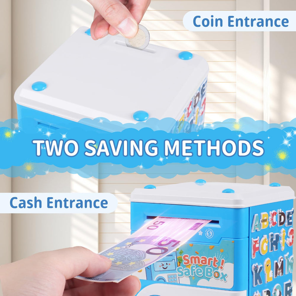 STOPKLAS Piggy Bank blue large capacity interior for coins and notes