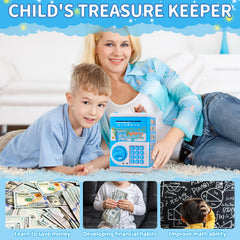 STOPKLAS Piggy Bank blue password lock feature enabling kid-controlled access