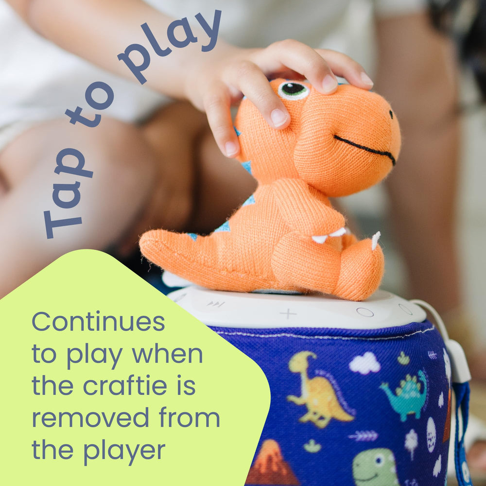 Storypod Buddy the T-Rex character interaction during a listening session.
