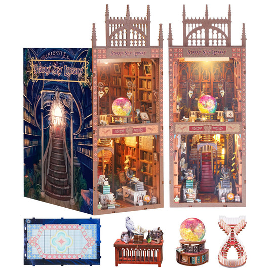 Stoytto 570PCS Book Nook Kit with rotating staircase creates a cozy shelf centerpiece.