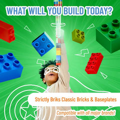 Colorful Strictly Briks display shelves showcasing mini-figures