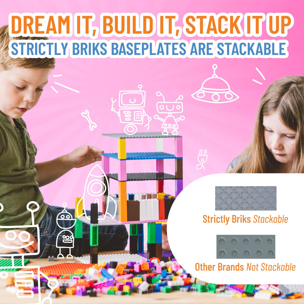Strictly Briks durable plastic baseplates shown in a close-up for durability.