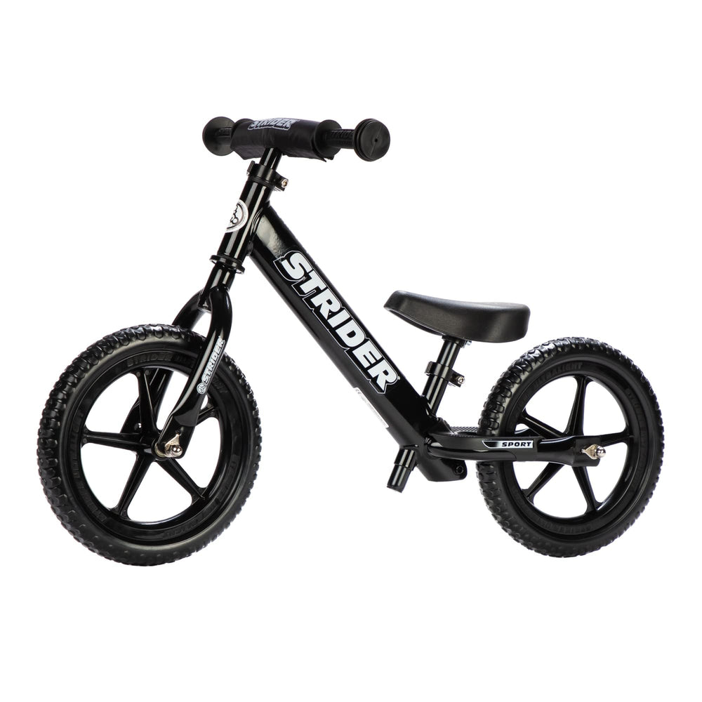 Strider 12-inch balance bike front view highlights a lightweight, kid-friendly ride.