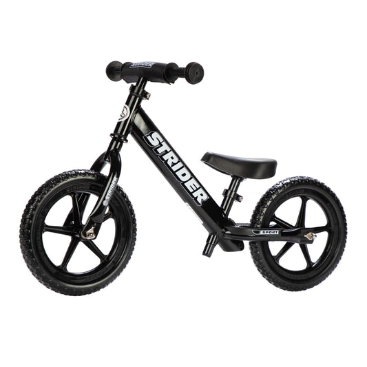 Strider 12-inch balance bike front view highlights a lightweight, kid-friendly ride.
