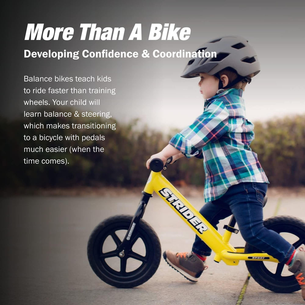 Strider 12-inch Sport Bike yellow, side view, adjustable features for growing children.