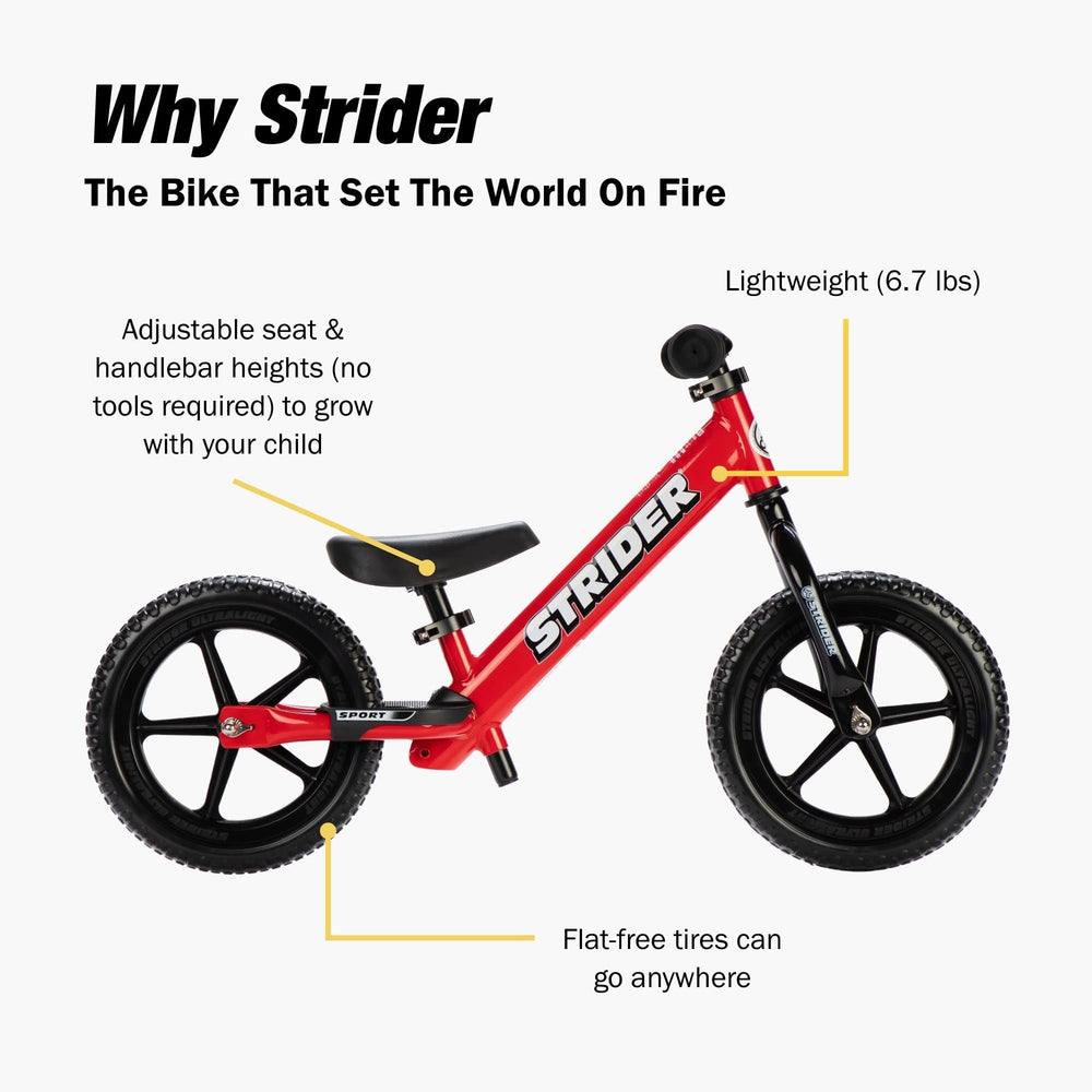 Strider red safety pad feature adds extra protection during rides.