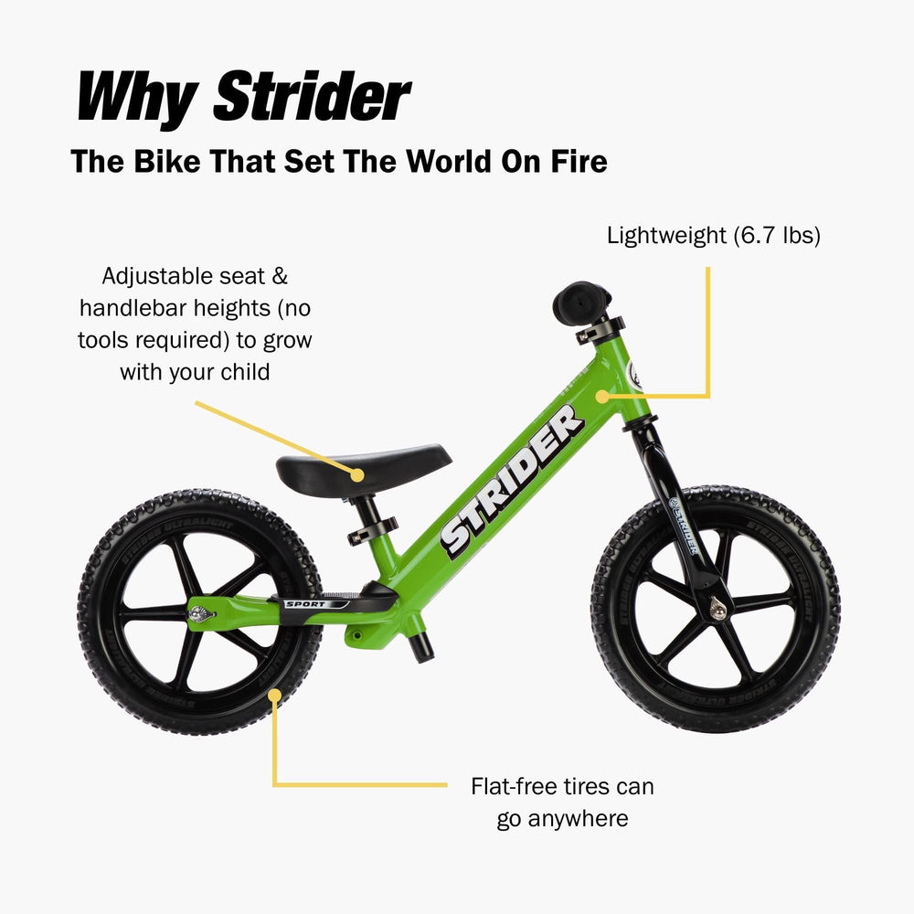 Strider flat-free tires green tread visible for worry-free rides.