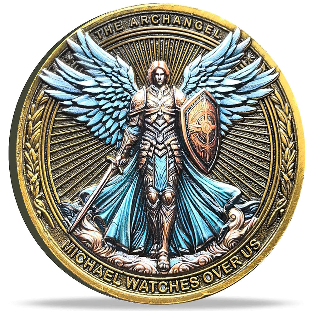 Strugglejewelry Archangel Michael coin front view with intricate artwork.