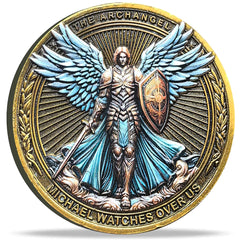 Strugglejewelry Archangel Michael coin front view with intricate artwork.