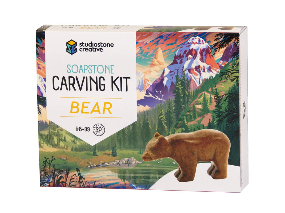 STUDIOSTONE CREATIVE carving kit shows bear sculpture ready for creative projects