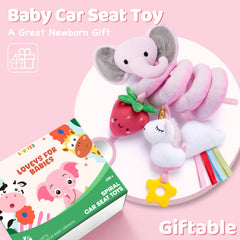 Stuffed car seat clip attachment adds stability during travel.