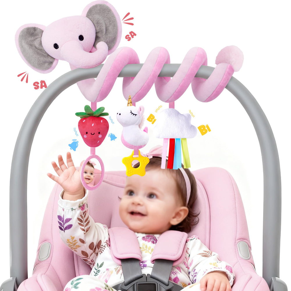 Stuffed pink elephant spiral car seat toy supports newborn visual tracking.