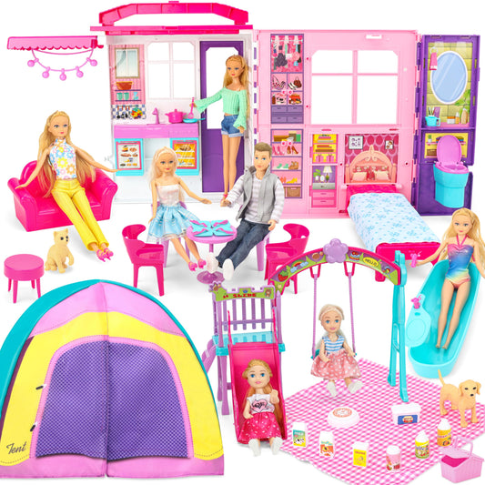 Style Shine Doll House folding carry case enables easy travel-ready pretend play.