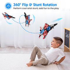 Sucpeii RC plane side view shows 360-degree flip and kid-friendly guards.