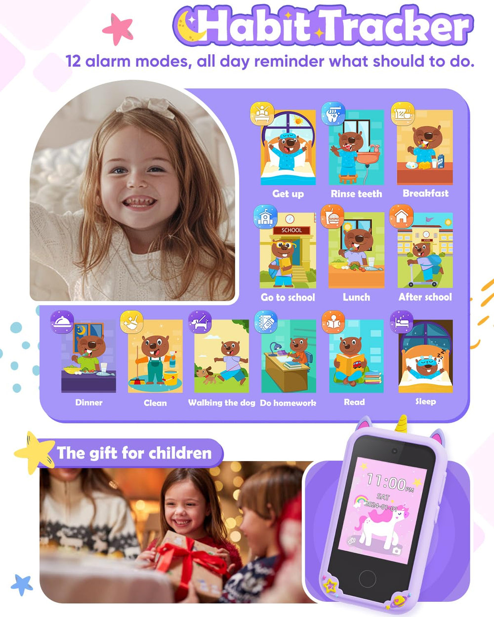 Sueseip phone features fables and music for educational entertainment.