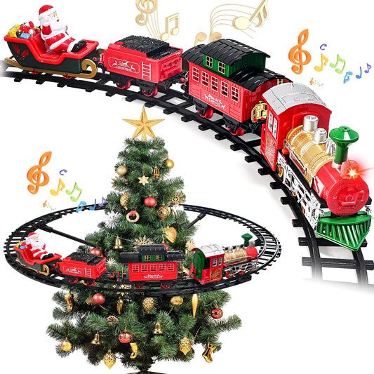 Sugolis Christmas train set with glowing track for festive play and tree decoration.