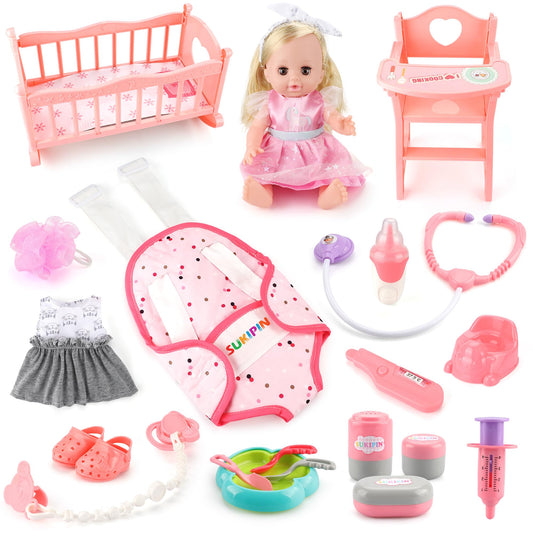 SUKIPIN 14-inch baby doll playset with accessories for imaginative nurture play
