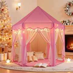 Sumbababy fairy star lights illuminate the pink tent for magical playtime.