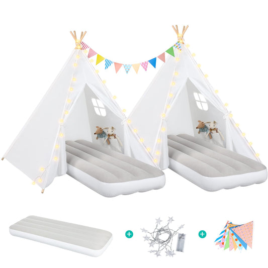 Sumbababy teepee tent for kids sleepover in white creates cozy play space.