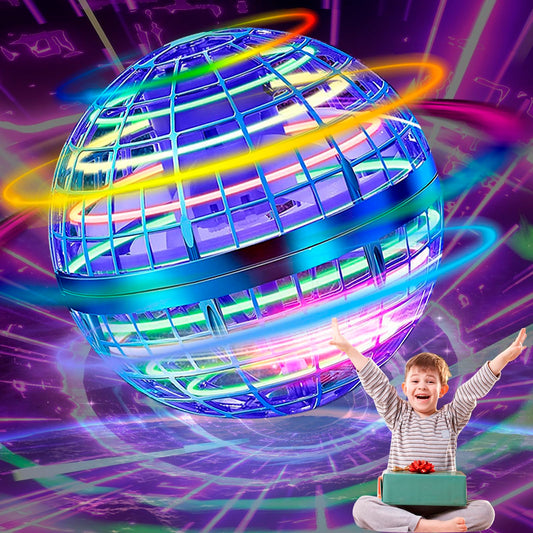 SUMMERLANGUAGE Flying Orb Ball blue front view with glowing RGB lights for indoor and outdoor fun.