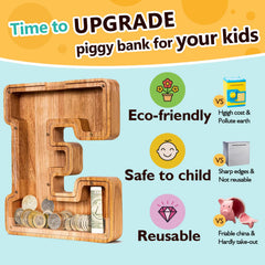 SummiDate wooden letter piggy bank removable acrylic cover for easy access.