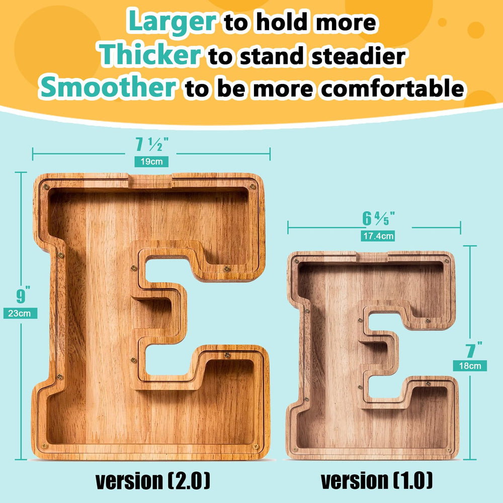 SummiDate wooden letter piggy bank transparent panel reveals savings progress.