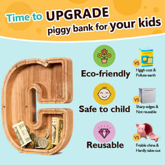 Summidate 9-inch tall wooden bank stores coins and bills in a decorative piece