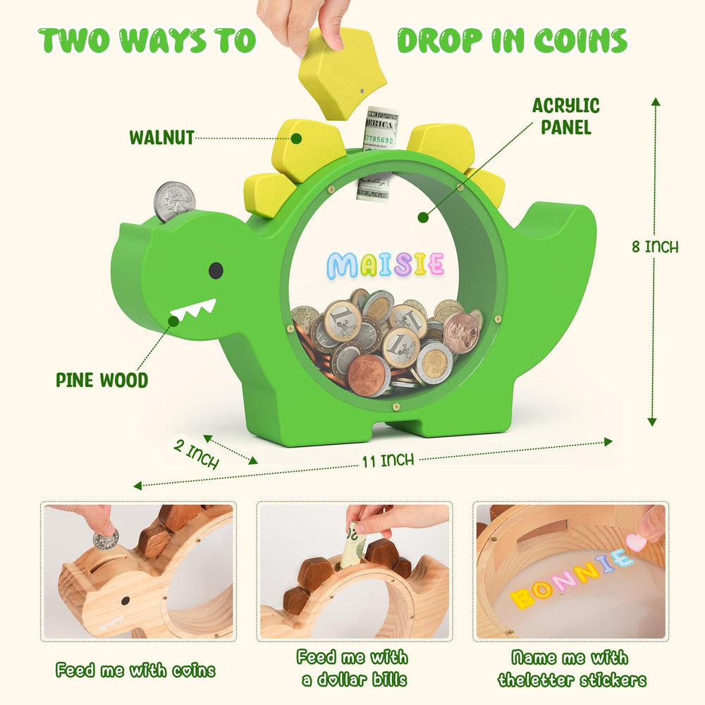 Summidate dino money box with a clear window to monitor growth.