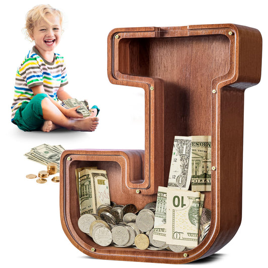 Summidate letter J piggy bank front view, a friendly savings companion for kids.
