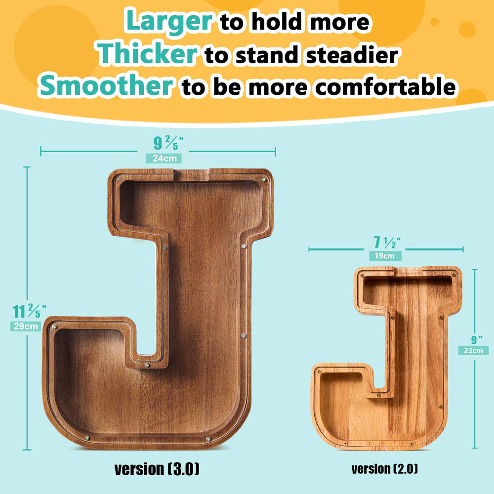 Summidate letter J piggy bank coin slot open, easy access for daily allowance and savings.